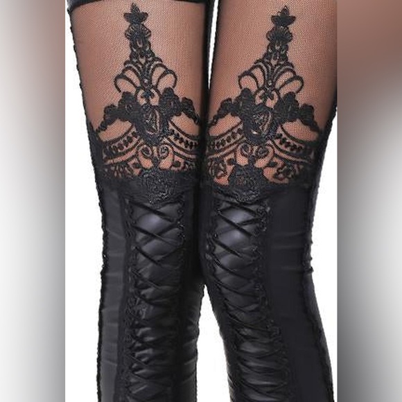 Pants - Vegan leather leggings womens large goth indie Sexy Vixen lace tattoo style
